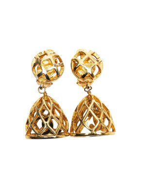 Chanel Bird Cage Gold Pleated Drop Clip On Earrings