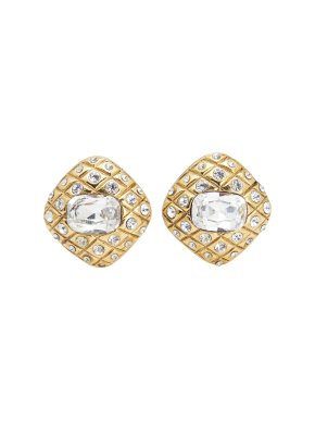 Chanel Quilted Gold Plated Crystal Clip On Earrings