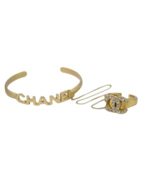 Chanel  Gold Plated Rhinestone and Logo Cuff Bracelet and Ring Set