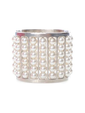 Chanel Silver Plated Wide Faux Pearl Cuff Bracelet