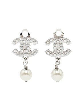 Chanel CC Silver Plated Faux Pearl Drop Clip On Earrings