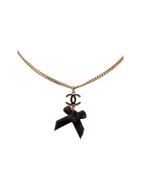 Chanel CC Gold Plated Enamel Velvet Bow Pendant Necklace