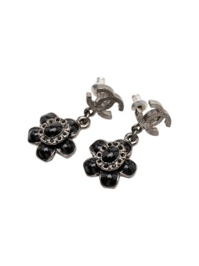 Chanel Silver Plated Enamel Flower Drop Earrings