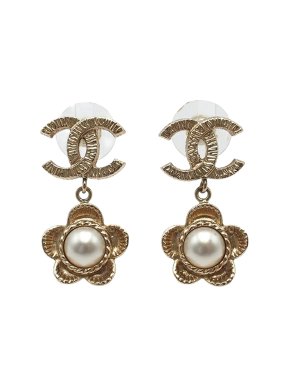 Chanel Gold Plated Faux Pearl Flower Drop Push Back Earrings