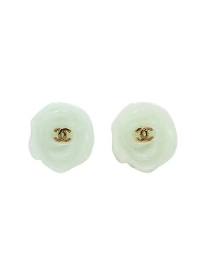 Chanel Green  Resin Gold Plated Camellia Push Back Earrings