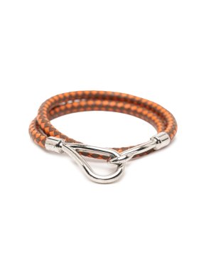 Hermes Orange/Brown  Palladium Plated and Woven Leather Jumbo Hook Double Tour Bracelet