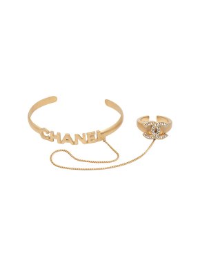 Chanel Gold Plated Rhinestone Logo Cuff Bracelet and Ring Set