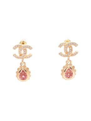 Chanel CC Gold Plated Rhinestone Drop Earrings