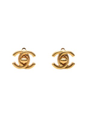 Chanel CC Gold Plated Turn Lock Clip On Earrings
