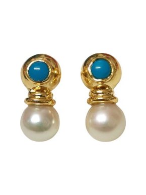 0711 Tbilisi 18ct Yellow Gold, Turquoise & Pearl Drop Earrings