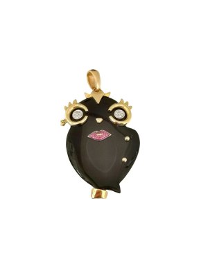 18ct Gold Onyx Sapphire & Diamond Owl Pendant