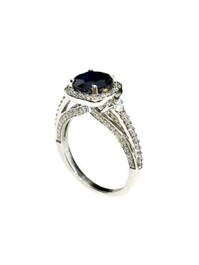 14ct white gold, sapphire & diamond halo ring M