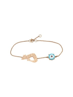 Yellow Gold Diamond Arabic Initial Bracelet with Turquoise Evil Eye Pendant