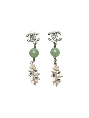 Chanel silver-tone metal & green glass Holly drop earrings