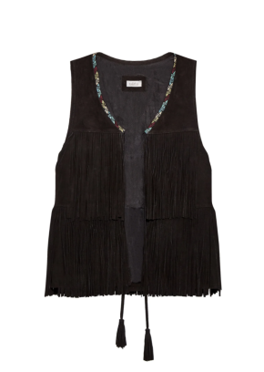 Talitha Black Embroidered Suede Fringed Gilet 2