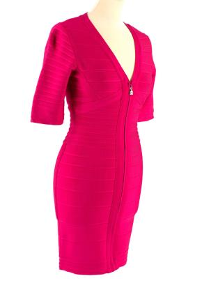 Pink Stretch Bandage V-Neck Zipped Dress 2