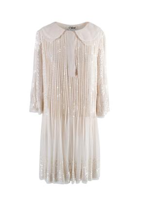 Chloe Ecru Sequin Embroidered Silk Pleated Dress 2