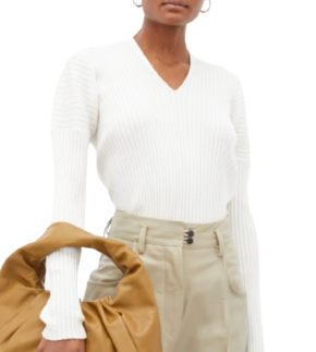 Bottega Veneta Ivory Long Sleeve Ribbed V-Neck Top 2