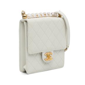 White Quilted Leather Small Chic Pearls Flap 2