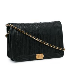 Chanel Black Pleated Crumpled Chevron Le Boy Wallet On Chain 2