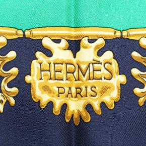 Hermes Black and Green 'Les Cavaliers D'or Rybal' Silk Scarf 3