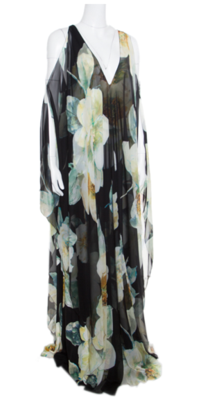 Lanvin Black Silk Printed Cold Shoulder Kaftan Gown 4