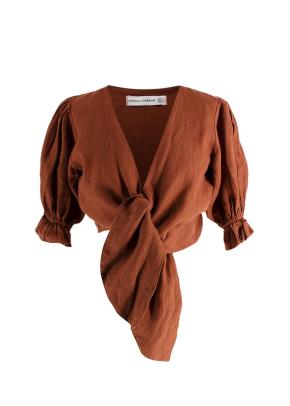 Faithfull The Brand Brown Tie Front Linen Top and Wide Leg Trouser Set 2