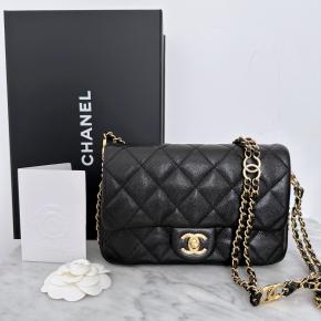 ‘You Mini’ Flap Bag In Black Caviar With CC Logo Chain Gold hardware 15