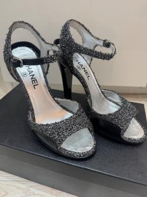 Chanel Silver And Black Heeled Sandals 6