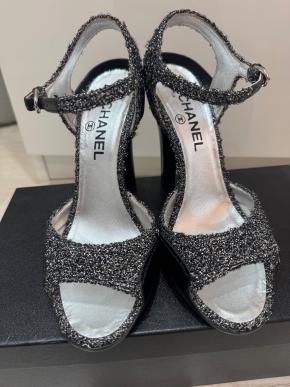 Chanel Silver And Black Heeled Sandals 9