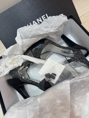 Chanel Silver And Black Heeled Sandals 8