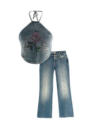 Alessandra Rich Embellished Rose Denim Halterneck Top & Jeans Set 3