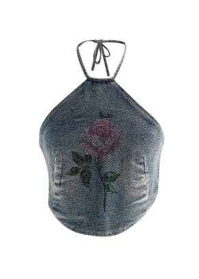 Alessandra Rich Embellished Rose Denim Halterneck Top & Jeans Set 9