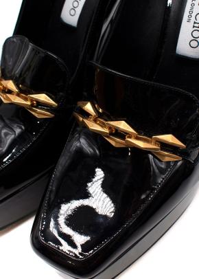 Jimmy Choo Black Soft Patent Leather Heels with Chain Embellishment 6