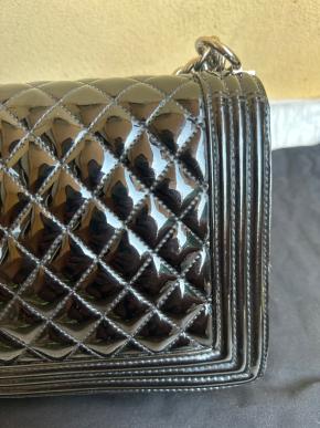 Chanel Black Patent Quilted Boy Bag 12