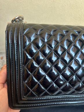 Chanel Black Patent Quilted Boy Bag 11