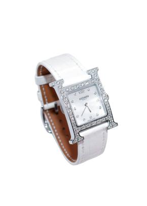 Hermès Heure H Mini Model Watch with Diamond-Set Steel & White Alligator Strap 3