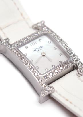 Hermès Heure H Mini Model Watch with Diamond-Set Steel & White Alligator Strap 6