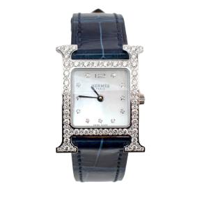 Hermès Heure H Watch Diamond-Set Steel With Navy Blue Alligator Strap 3