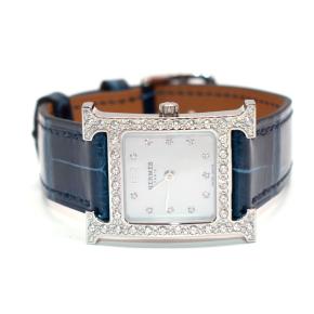Hermès Heure H Watch Diamond-Set Steel With Navy Blue Alligator Strap 4