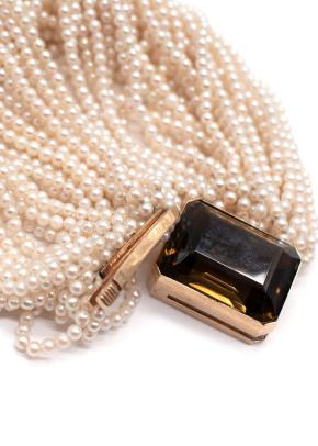 Vintage 14k Gold Smokey Quartz Bracelet with 18 Rows of Small Pearls 6