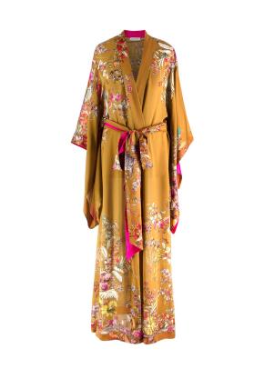 Carine Gilson Mustard and Fuschia Printed Silk Belted Robe 2