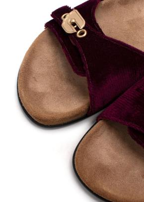 Ancient Greek Sandals 'Odi' Burgundy Velvet Slides with Gold Buckle 8