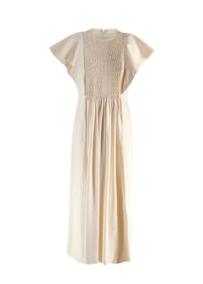 Chloe Flutter Sleeve Seedpearl Beige Midi Dress with Shirred Front Detailing 2