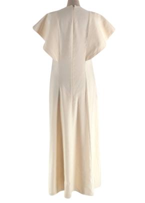 Chloe Flutter Sleeve Seedpearl Beige Midi Dress with Shirred Front Detailing 3