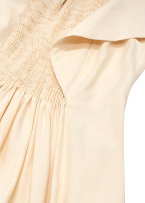 Chloe Flutter Sleeve Seedpearl Beige Midi Dress with Shirred Front Detailing 5