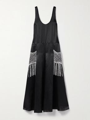 Maria McManus Black Satin Twill Midi Dress with White Macrame Detailing 6