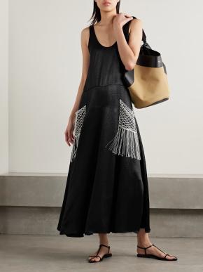 Maria McManus Black Satin Twill Midi Dress with White Macrame Detailing 5