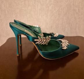 Manolo Blahnik Embellished Green Satin Mules 6