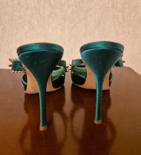 Manolo Blahnik Embellished Green Satin Mules 5
